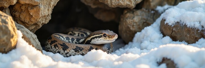 Obraz premium Snake hiding in a rocky burrow surrounded by snow