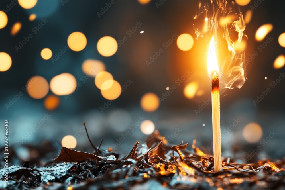 Poster A single lit match in a dark forest, especially emphasizing its light and fragility