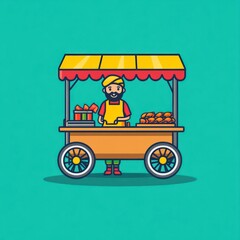 Happy street vendor selling snacks, cart, outdoors, teal background, food illustration