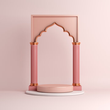 Islamic display podium decorative arch background, Ramadan Kareem eid al fitr adha, muharram, 3D rendering illustration.
