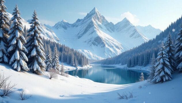 Snowy forest landscape with Chamar Daban mountain range in background, icy peaks, frozen lake, rugged terrain