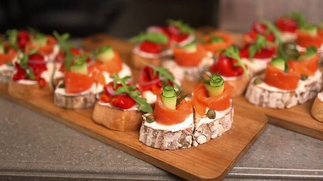 bruschetti with lightly salted salmon. Close-up