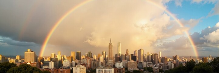 Fototapeta premium Full rainbow over modern city skyline after storm