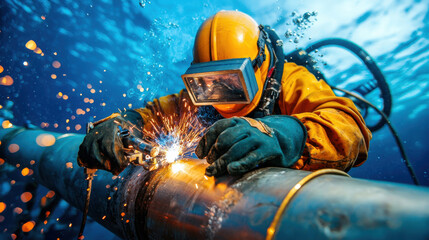 Fototapeta premium Underwater welder working on metal pipe, sparks flying in vibrant scene