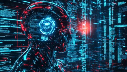 Fototapeta premium Tech humanoid artificial intelligence neon background