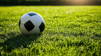 Fototapeta premium Classic Black and White Soccer Ball on Lush Green Grass Under Evening Sunlight