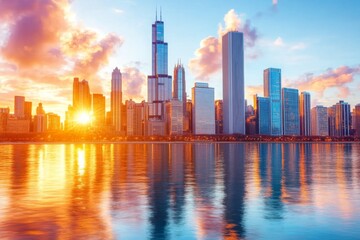 Obraz premium A single tall skyscraper with unique architecture, standing out in a city skyline of uniform buildings