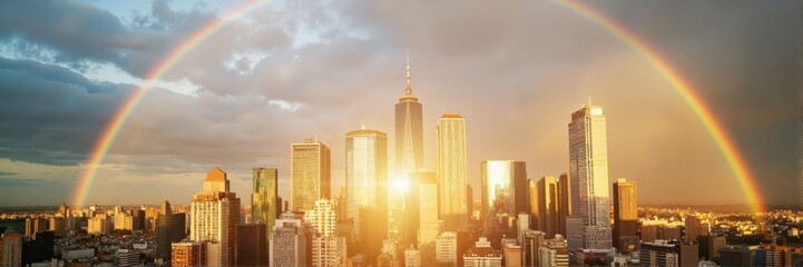 Fototapeta premium Stunning rainbow over modern city skyline at sunset