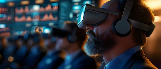 Futuristic Marketing Conference with VR Headset Attendees Discussing Branding Strategies and User
