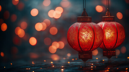 Romantic Glow of Traditional Red Lanterns in a Festive Night