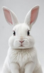 Fototapeta premium Snowy white rabbit in a cute pose on a white background, winter, cute, bunny