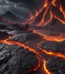 Molten lava flows across a darkened volcanic landscape, earthy tones, fiery depths, geological formations