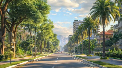 Serene urban street lined with palm trees and lush greenery under a bright sky