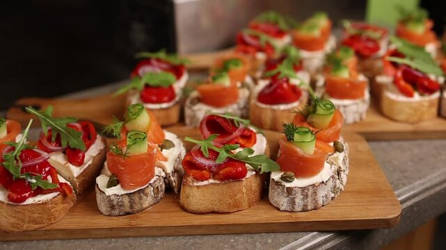 bruschetti with lightly salted salmon. Close-up