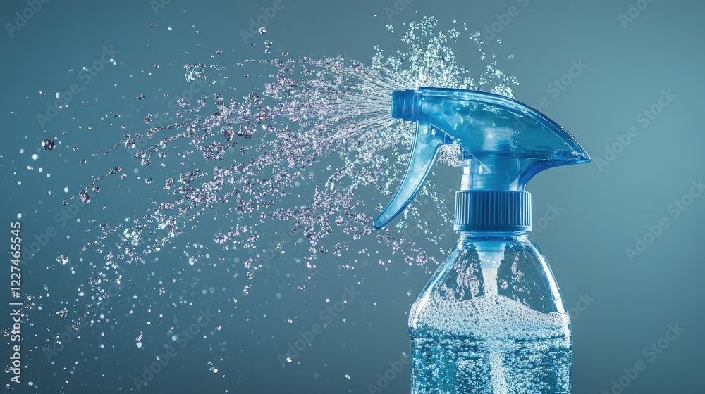 Poster a blue spray bottle with water splashes flying through the air, creating a lively and dynamic scene 