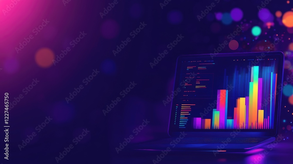 Poster a blurred background of a laptop screen with a document displaying a vibrant bar graph, highlighting