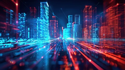 Fototapeta premium Futuristic cityscape at night with vibrant neon lights and dynamic movement, showcasing technology