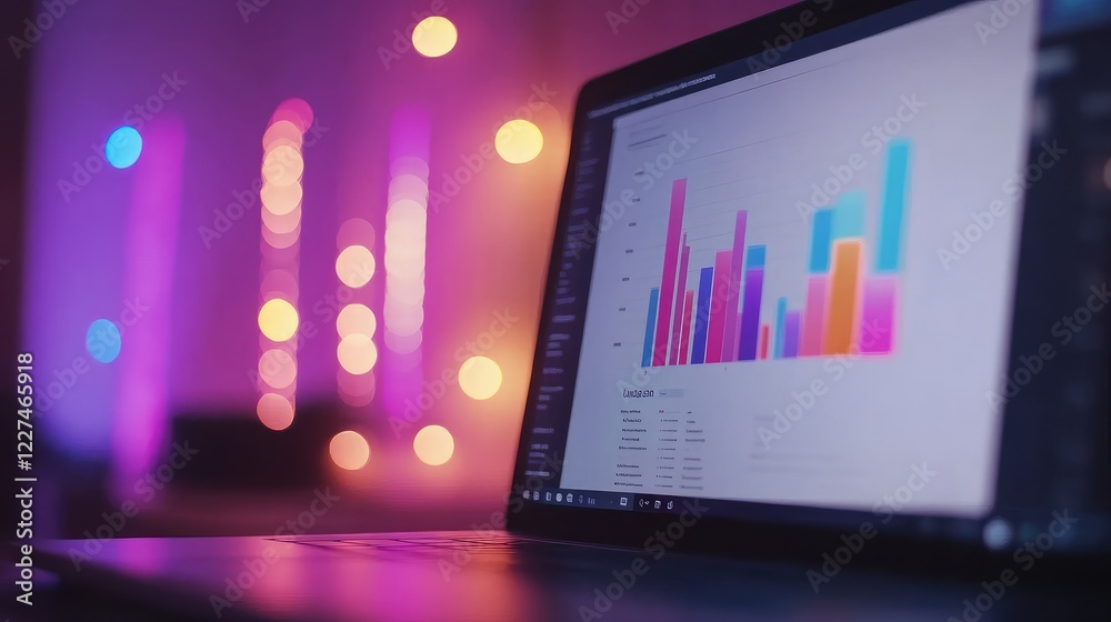 Poster a blurred background of a laptop screen with a document displaying a vibrant bar graph, highlighting