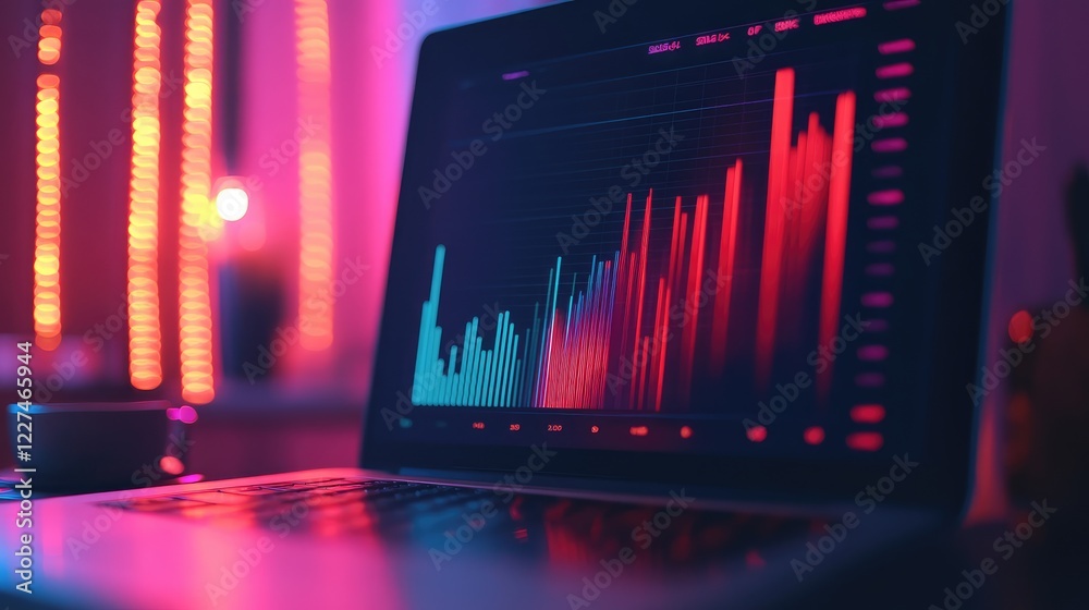 Poster a blurred laptop screen in the background with a vibrant bar graph on a document, symbolizing succes