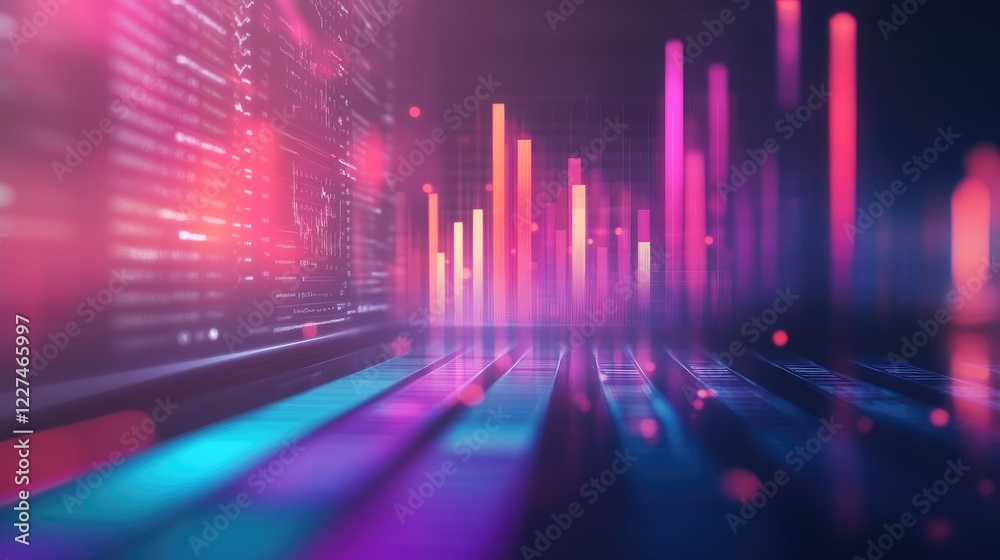 Poster a blurred laptop screen in the background with a vibrant bar graph on a document, symbolizing succes