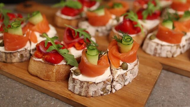 bruschetti with lightly salted salmon. Close-up