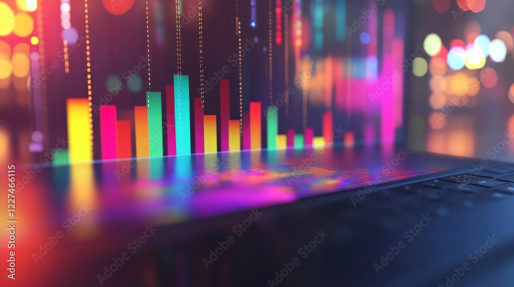 Poster a blurred laptop screen with a document featuring a colorful bar graph, symbolizing business success