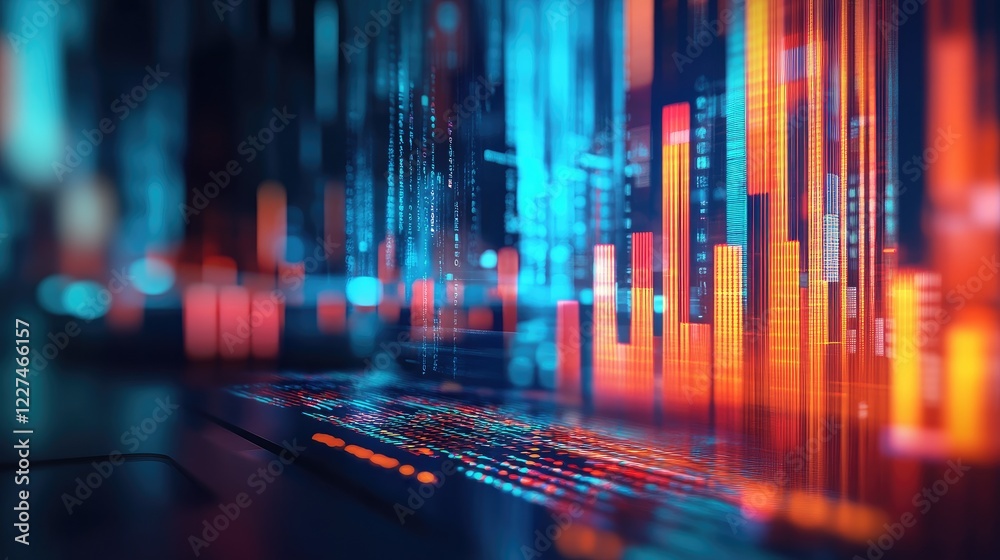 Poster A blurred laptop screen with a vibrant bar graph on a document, illustrating successful performance trends and data analysis in a dynamic business context
