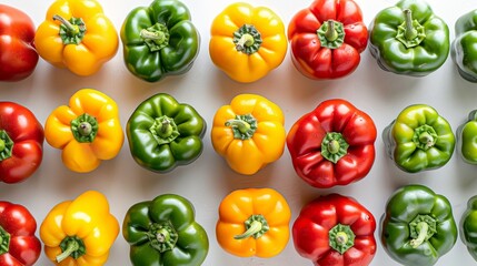 capsicum arranged in rows and top view on white background