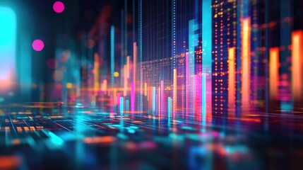 A blurred laptop screen with a vibrant bar graph on a document, illustrating successful performance trends and data analysis in a dynamic business context
