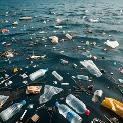 A startling view of underwater pollution, showcasing a multitude of plastic debris like bottles and bags spread across the ocean floor