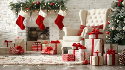 Cozy Christmas living room with decorated tree, gifts, and stockings, creating a festive atmosphere
