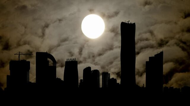 Africa: Addis Ababa Skyline By Night with Dark Atmosphere, Fog, Smoke, and Full Moon, Ethiopia