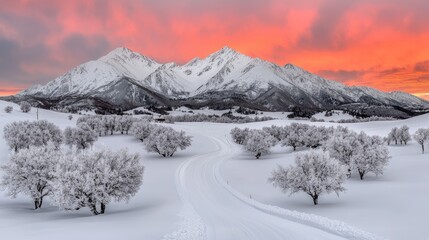 Obraz premium Snowy mountain sunrise landscape, winding road, winter trees. Use travel brochure