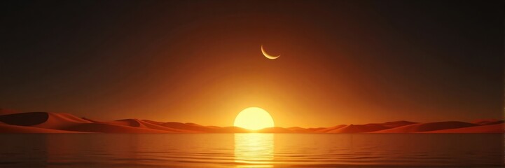 Naklejka premium Crescent moon over desert at sunset, peaceful and mystical