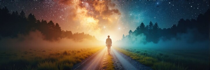 Obraz premium Lone traveler walking towards glowing light on a surreal path
