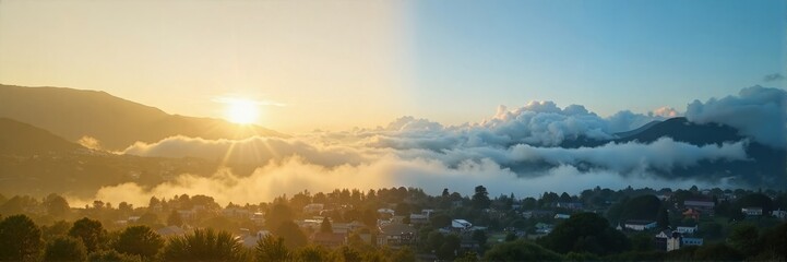 Fototapeta premium Mountain village at sunrise with clouds rolling over hills