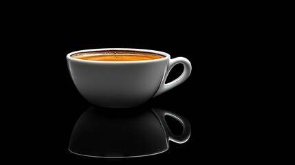 Obraz premium A sleek white cup of coffee with a golden brown crema, sits against a stark black background reflecting its form below