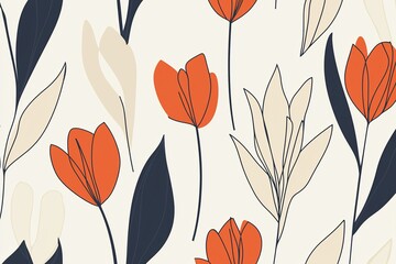 Vibrant floral pattern featuring red and cream flowers with dark green leaves on a light background