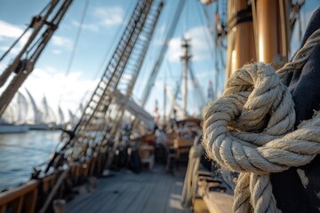 Obraz premium A close-up of an intricate maritime knot on a weathered rope, with a backdrop of ship's wooden planking