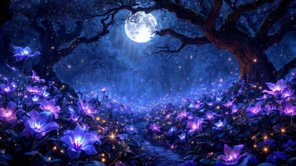 A mystical night garden filled with bioluminescent flowers—glowing blue orchids, soft purple lilies, and twinkling fireflies—creating a magical and surreal atmosphere under the moonlight.