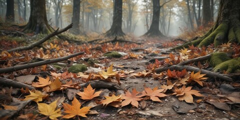 Muted colors of decaying leaves on forest ground, leaf decomposition, fall season