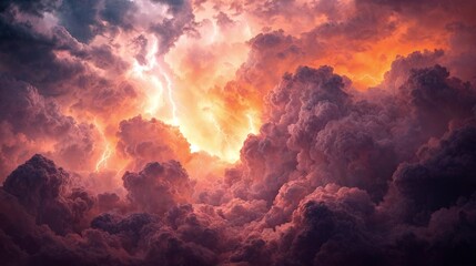 Dark, rolling storm clouds blending with soft pastel pink and fiery orange hues, creating an epic contrast between chaos and beauty.