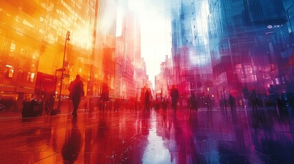 Obraz premium City Street Scene People Walking Amidst Colorful Buildings