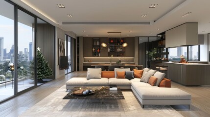 Modern living room with a cozy sofa, festive decorations, and city skyline view at dusk