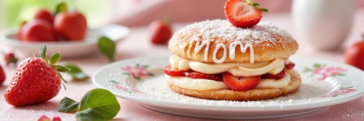  Delicious strawberry shortcake with powdered sugar and "Mom" topper