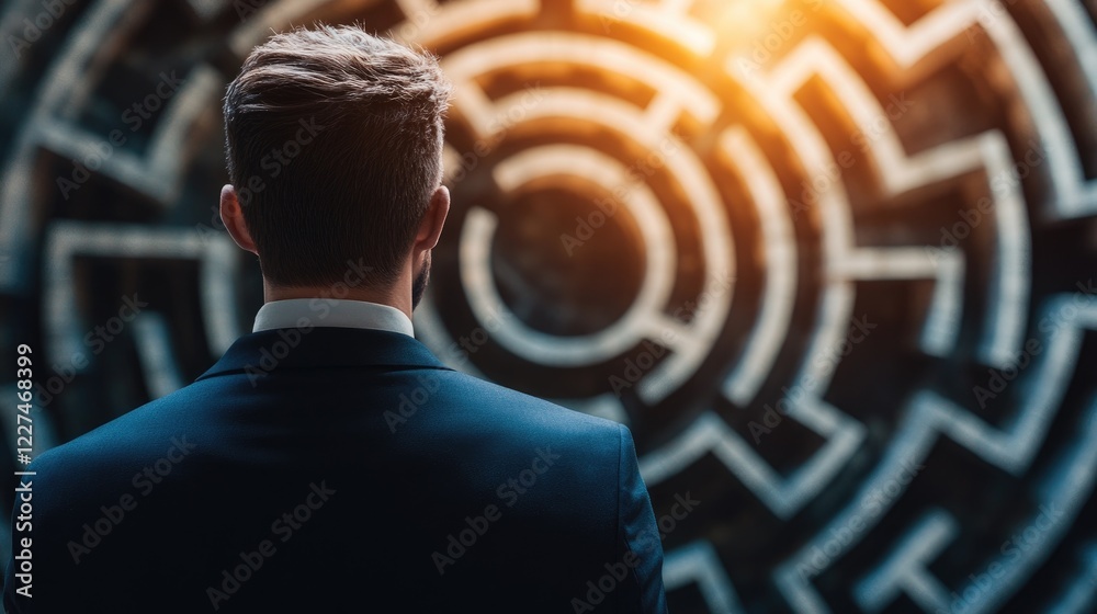 Poster A businessman in front of a circular maze, symbolizing the complexity of business decisions, as he prepares to tackle the next challenge ahead