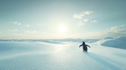 A solitary penguin waddles across a vast, snowy landscape under a bright sky.