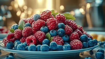 Raspberries and blueberries on plate.