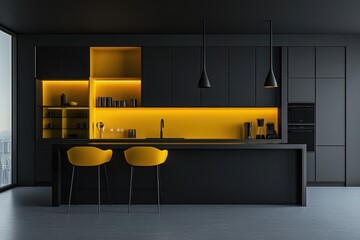 Modern black yellow kitchen island city view