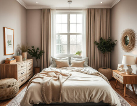 Un dormitorio acogedor decorado en tonos neutros

